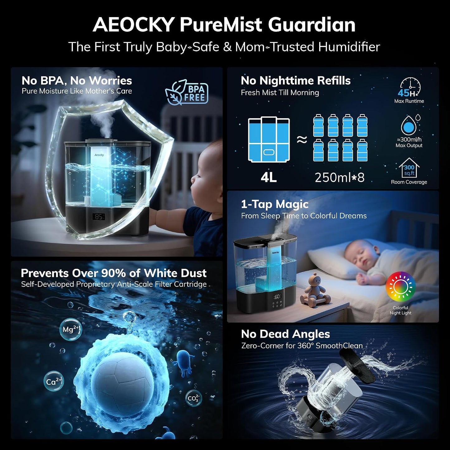 AEOCKY Geek-Level Ultrasonic Humidifier, 4L Top-Fill Cool Mist Diffuser | Air Humidifier for Baby Nursery, Bedroom, Plants, Large Room with Ambient Light, Timer, Sleep, Auto, Constant Humidity Mode