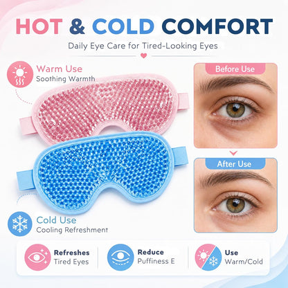Gel Eye Mask, 2 Pack Cooling Eye Mask for Puffiness & Dark Circles, Hot/Cold Reusable Ice Packs with Flexible Beads, Full Coverage Compress Sleeping Mask with Adjustable Soft Plush Strap for Women Men