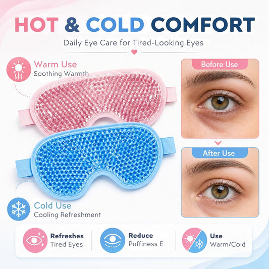 Gel Eye Mask, 2 Pack Cooling Eye Mask for Puffiness & Dark Circles, Hot/Cold Reusable Ice Packs with Flexible Beads, Full Coverage Compress Sleeping Mask with Adjustable Soft Plush Strap for Women Men