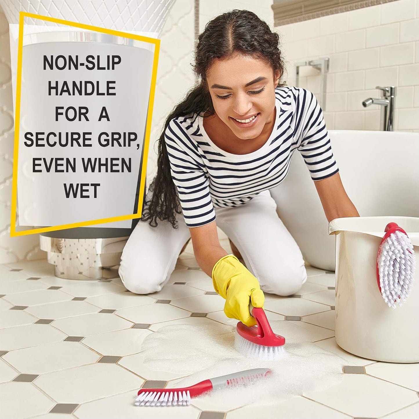 Scrub Brush Set of 3pcs - Cleaning Shower Scrubber with Ergonomic Handle and Durable Bristles - Grout Cleaner Brush - Scrub Brushes for Cleaning Bathroom/Shower/Tile/Kitchen/Floor/Bathtub/Carpet