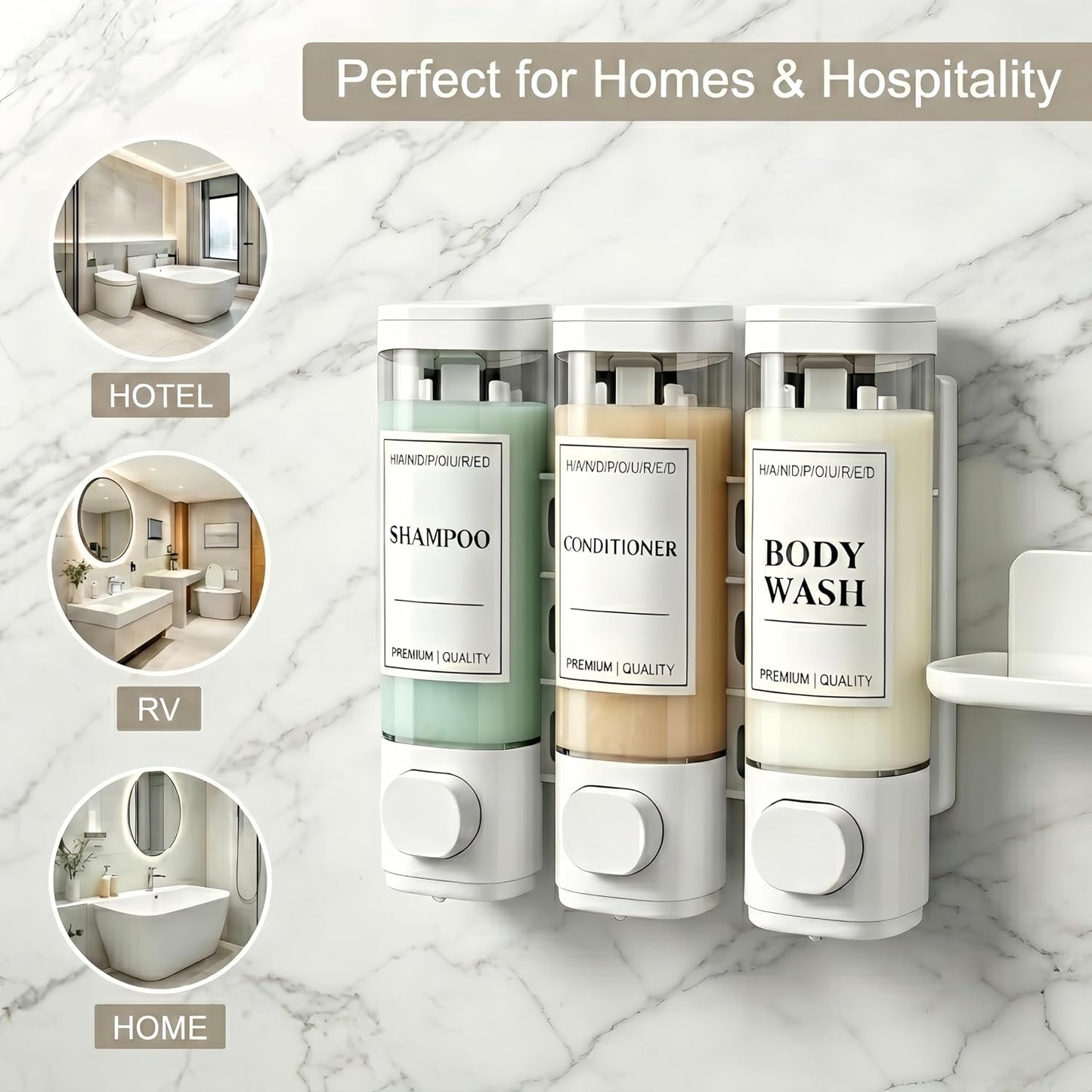 Shampoo and Conditioner Dispenser, Wall-Mounted Shower Soap Dispenser, 3 in 1 No Drill Wall Mounted Soap Dispenser, Large Capacity Triple Refillable Bottles for Bathroom, Hotel, Gym (White)