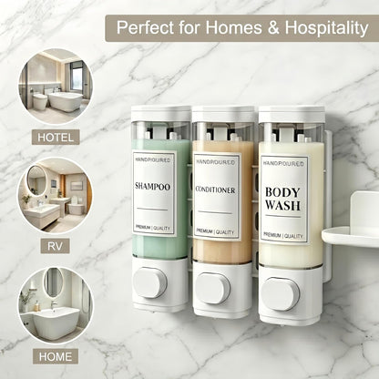 Shampoo and Conditioner Dispenser, Wall-Mounted Shower Soap Dispenser, 3 in 1 No Drill Wall Mounted Soap Dispenser, Large Capacity Triple Refillable Bottles for Bathroom, Hotel, Gym (White)