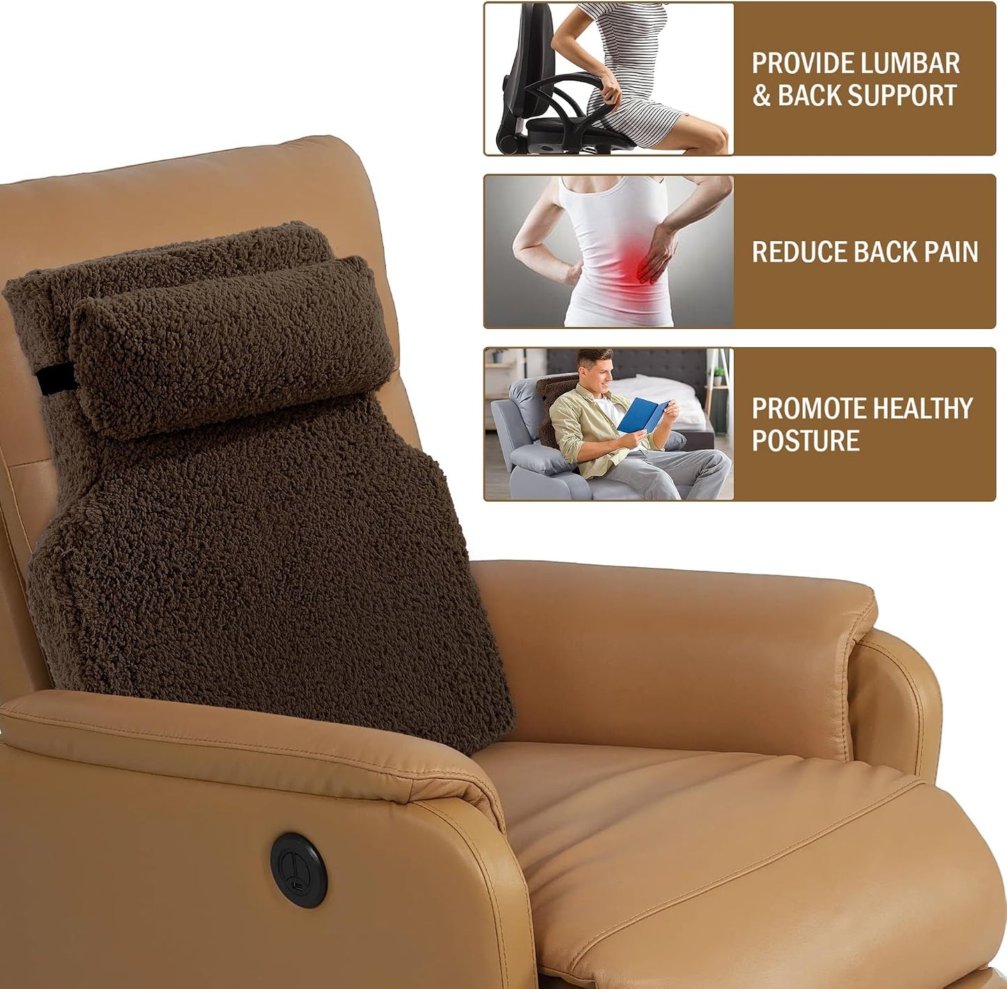 HOMBYS Sherpa Fleece Lumbar Support Pillow with Headrest for Recliner,Memory Foam Recliner Chair Cushion for Back Pain,Big High Back Support for Recliner with Chair Headrest for Elderly (Khaki)