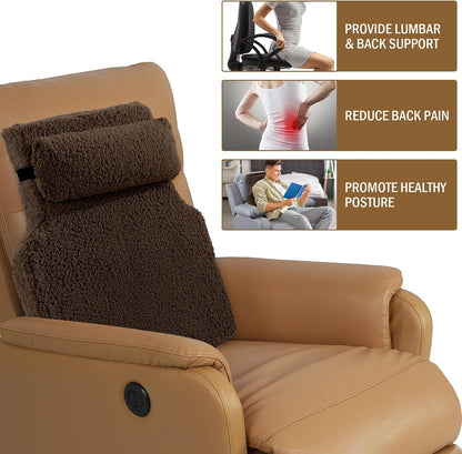 HOMBYS Sherpa Fleece Lumbar Support Pillow with Headrest for Recliner,Memory Foam Recliner Chair Cushion for Back Pain,Big High Back Support for Recliner with Chair Headrest for Elderly (Khaki)