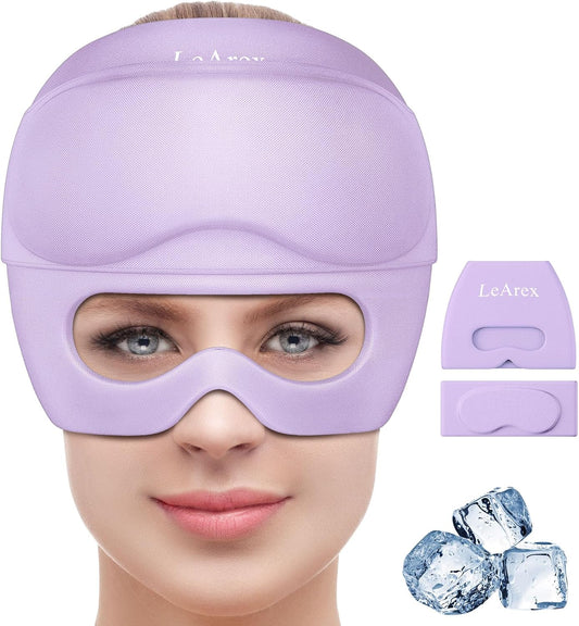 2 in 1 Migraine Relief Cap with Gel Eye Mask, Headache Relief Cap Ice Head Wrap Hot and Cold Therapy Hat Gift for Women for Headache Puffy Eyes Sinus and Tension Stress Relief (Light Purple)