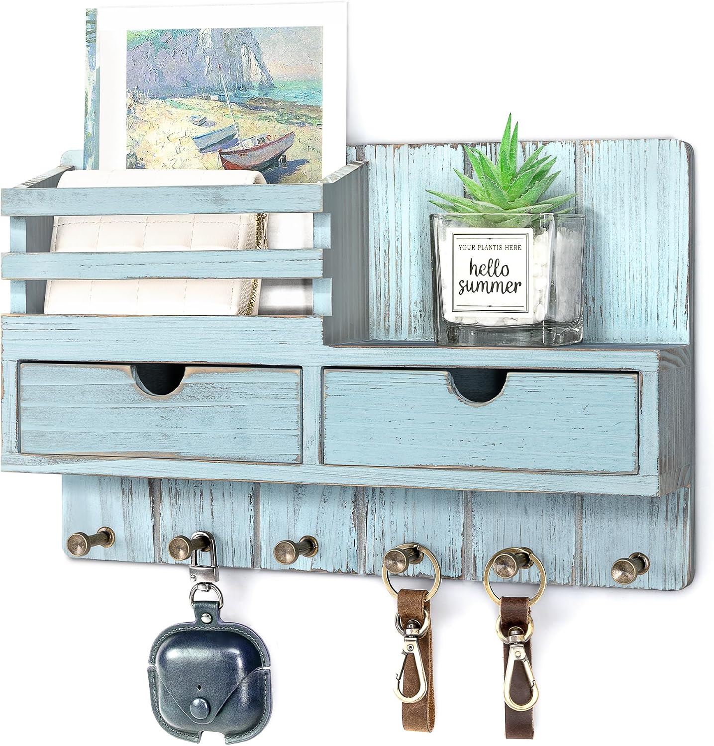 Rebee Vision Key Holder Wall Mount with Shelf for Entryway, Distressed Blue | Modern Mail Organizer, 6 Key Hooks, 2 Drawer Organizer, Key Hanger Home Decor Aesthetic, Apartment Storage Essentials