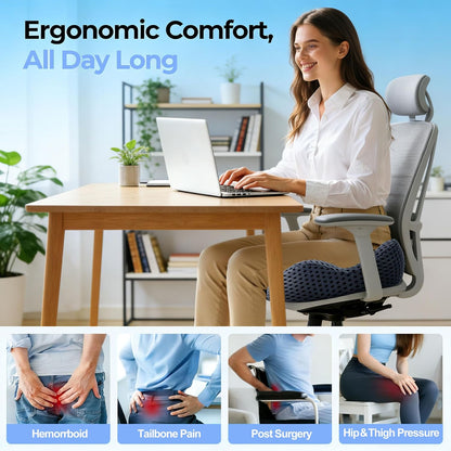 Ergonomic Memory Foam Seat Cushion Hemorrhoid Pillow for Hip Sciatica and Tailbone Pain Relief for Office Chair Car and Home (Black)
