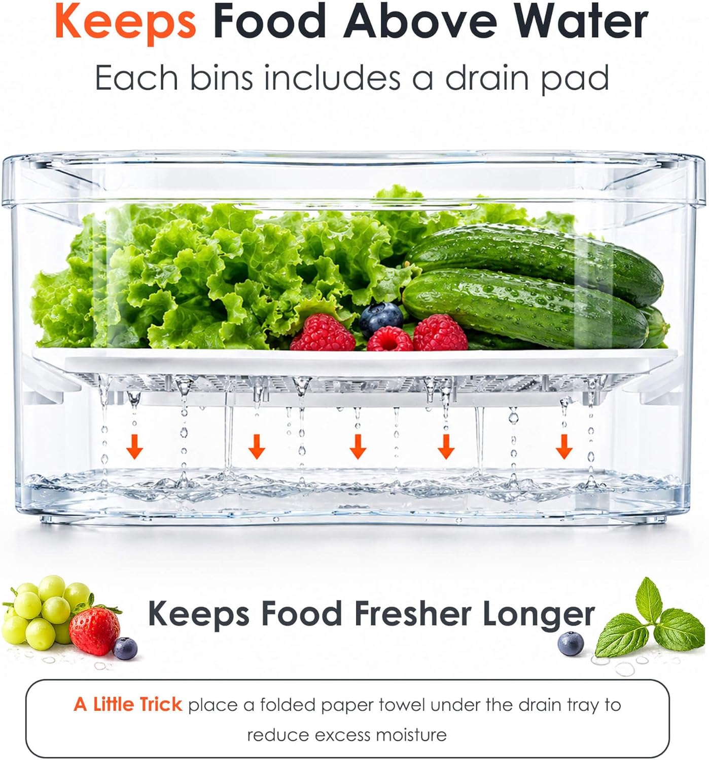 SMRCAD 6 Pack Clear Fridge Organizer Bins with Drain Trays - Stackable | BPA-Free PET, 6 Pack: 6 lidded Bins (Not drawer), Helps Keep Produce Fresh, 14L Capacity, Hand Wash Only