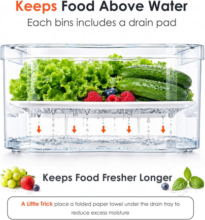 SMRCAD 6 Pack Clear Fridge Organizer Bins with Drain Trays - Stackable | BPA-Free PET, 6 Pack: 6 lidded Bins (Not drawer), Helps Keep Produce Fresh, 14L Capacity, Hand Wash Only