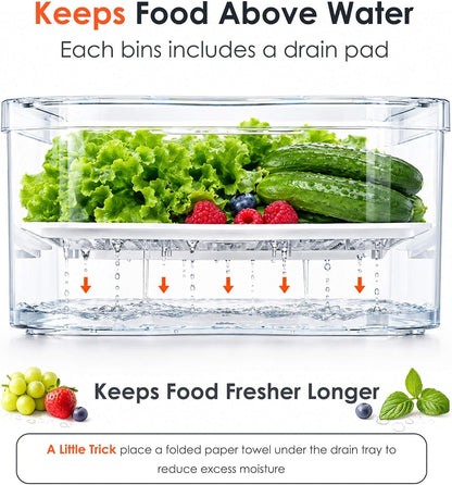 SMRCAD Clear Fridge Bins with Drain Trays - BPA-Free PET, Stackable(6 Pack) | 6 Pack: 1 Drawer + 5 lidded Bins, Helps Keep Produce Fresh, 16.3L Capacity, Hand Wash Only