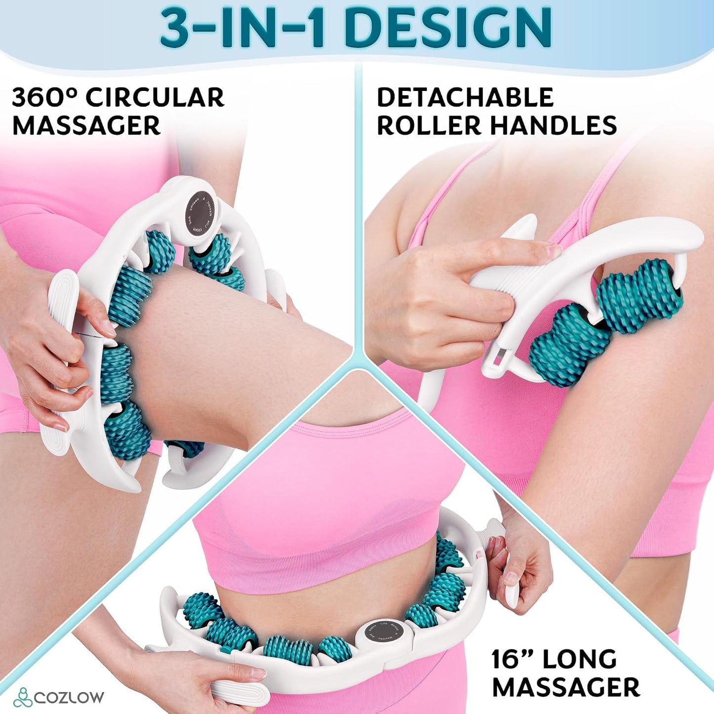 COZLOW Cellulite Massage Roller - Pink - Anti-Cellulite Massager with Detachable Roller Handles for Thighs, Legs & Buttocks - Fascia Massage Tool for Lymphatic Drainage & Deep Tissue Therapy