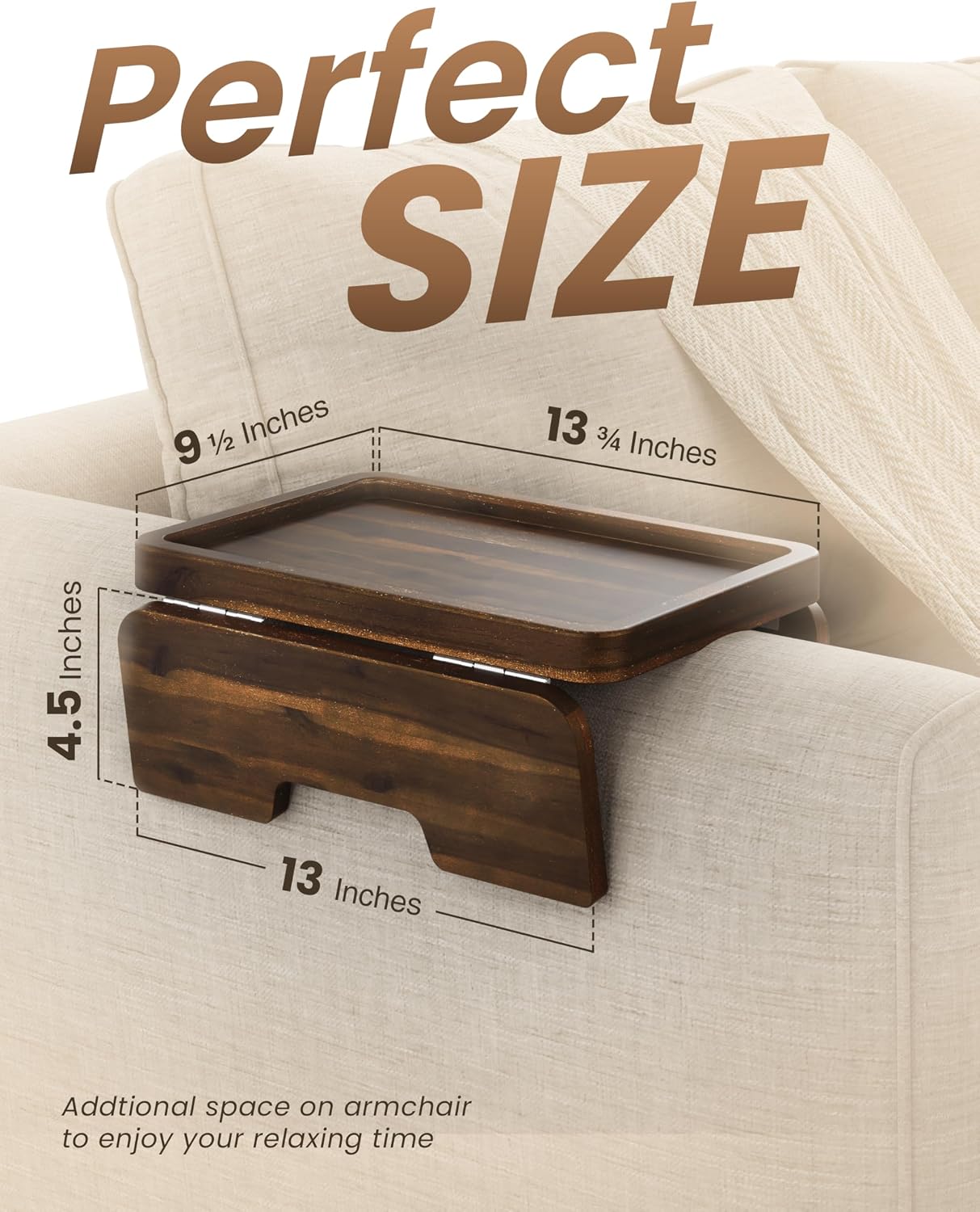 HOLANA 13.75" Acacia Sofa Arm Tray Table, Double Hinge, Natural Wood Color | Solid Acacia Wood, Spacious Surface, Clips Securely with Double-hinge Grip, Foldable & Portable, Multipurpose, No Assembly