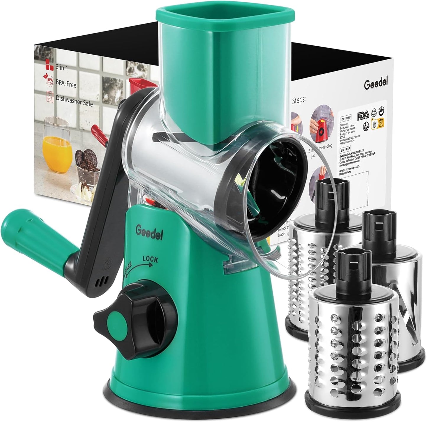 Geedel Rotary Cheese Grater, Kitchen Mandoline Vegetable Slicer with 3 Interchangeable Blades, Easy to Clean Rotary Grater Slicer for Fruit, Vegetables, Nuts | 3 Blades, 430 Stainless Steel, 12x Fast Cutting, Strong Suction Base, No BPA, Dishwasher Safe,