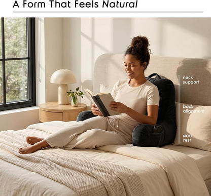 Nestl Reading Pillow with Shredded Memory Foam, Designed for Sitting Up in Bed and Couch, Back and Arms Adjustable Support for Adult & Teens Backrest Pillows for Reading, with Washable Cover Dark Grey