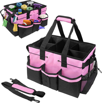 ZKOO Large Cleaning Caddy Bag with Handle, Built-in Sturdy Support Board, Adjustable Shoulder Strap, Multi-compartment Design Cleaning Supply Tote for Cleaners & Housekeepers (Pink)