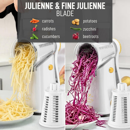 Zulay Kitchen Rotary Cheese Grater 5 Blade Cheese Shredder - Manual Hand Crank Cheese Grater With Reinforced Suction & 5 Interchangeable Drums - Easy to Use, Vegetable Chopper Round Mandoline Slicer - Colors B