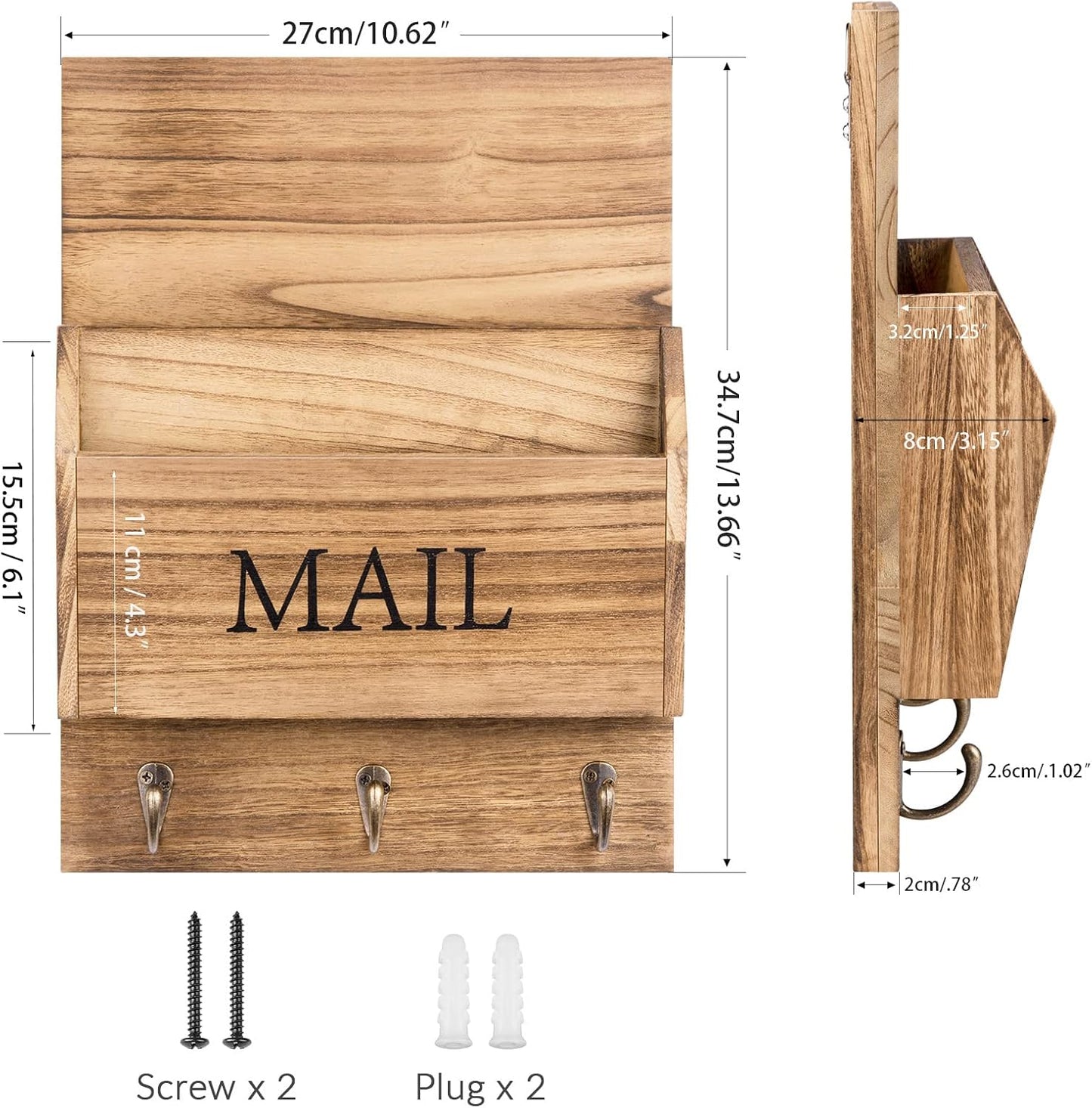 DLQuarts Solid Wood Mail Organizer with Key Holder for Wall, Mail Sorter Wall Mounted, Decorative Wooden Key and Mail Holder with 3 Hooks, White