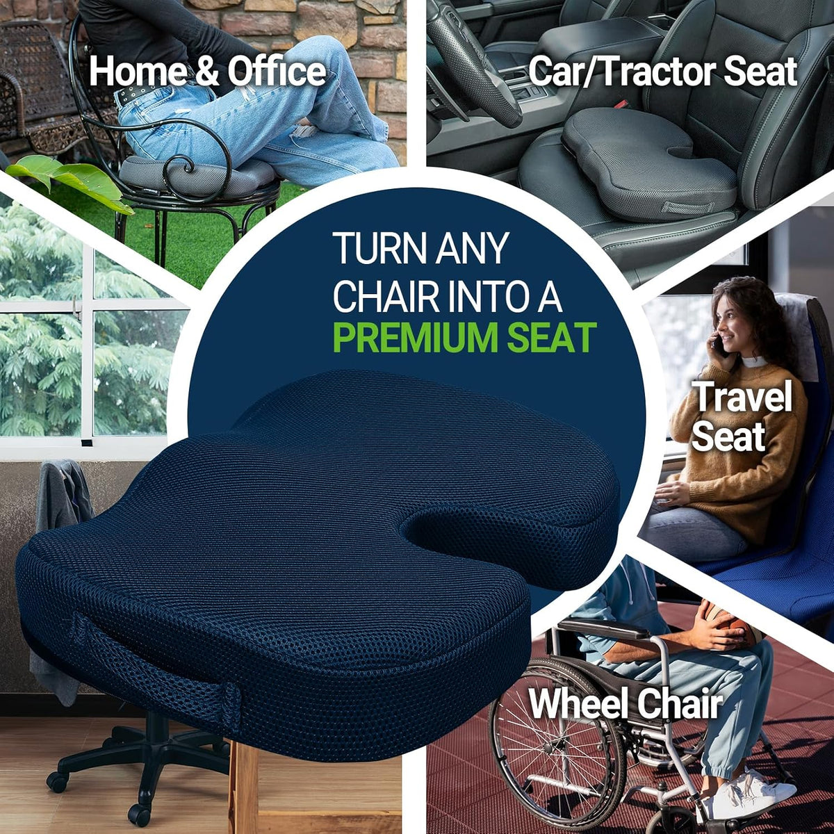Season Guard Gel Memory Foam Seat Cushion for Tailbone Pain Relief, Black