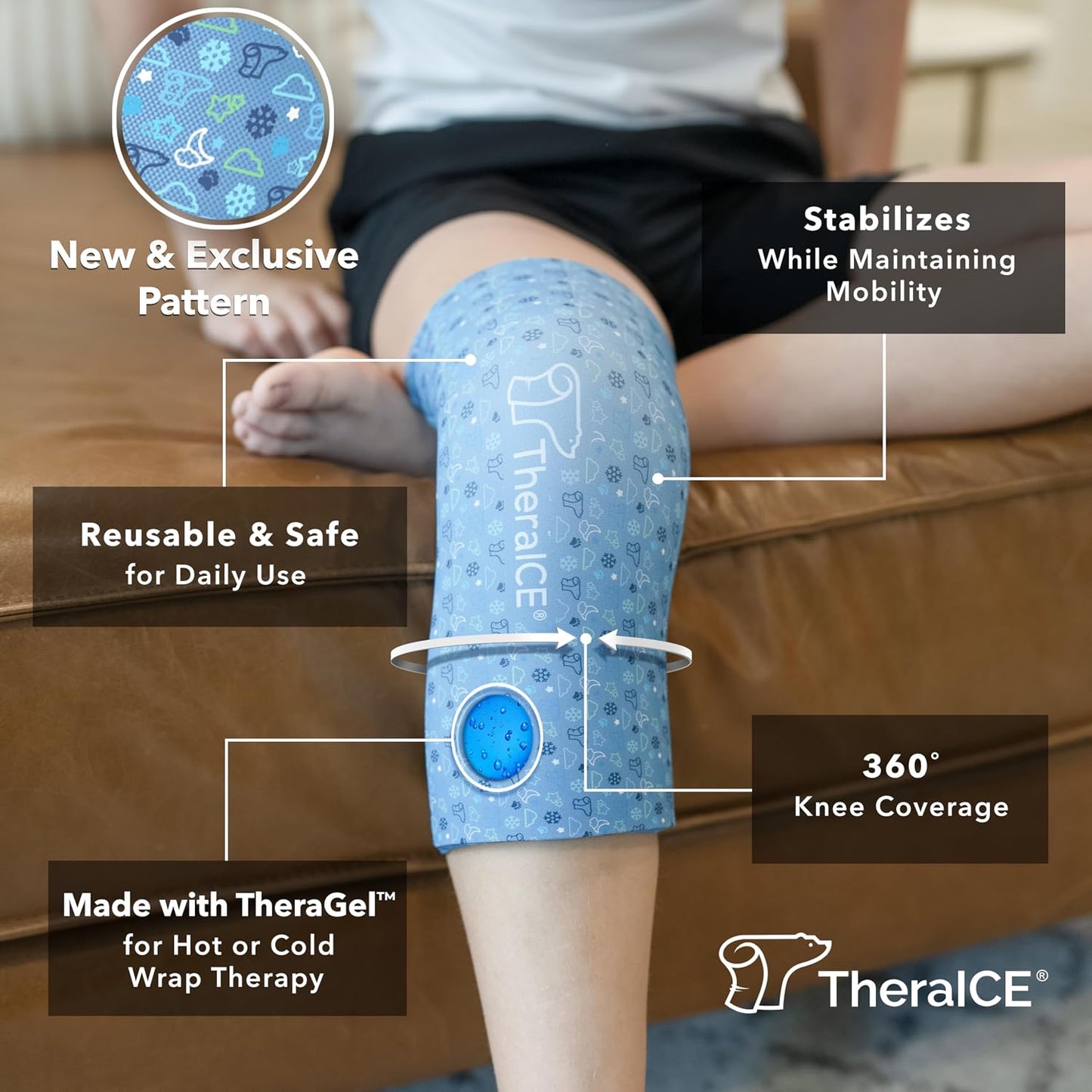 TheraICE Knee Ice Pack Wrap, Reusable Cold Compression Sleeve for Injuries | Flexible Gel Ice Pack, Cooling Knee Sleeve for Elbow, Ankle & Calf, Post-Surgery Recovery, ACL MCL Relief