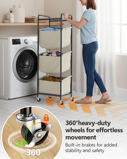 3 Section Laundry Sorter with Removable Bags, 120L Rolling Vertical Laundry Hamper, Stackable Laundry Baskets organizer for Bathroom, Apartment, Dorm (Beige, With Wheel)