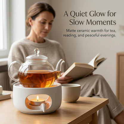 Ceramic Teapot Warmer with Removable Candle Spoon, Tea Pot Warmer Base | Deep matte black finish; 4.72 in low-profile base fits flat-bottom glass or ceramic teapots and uses a standard tealight.