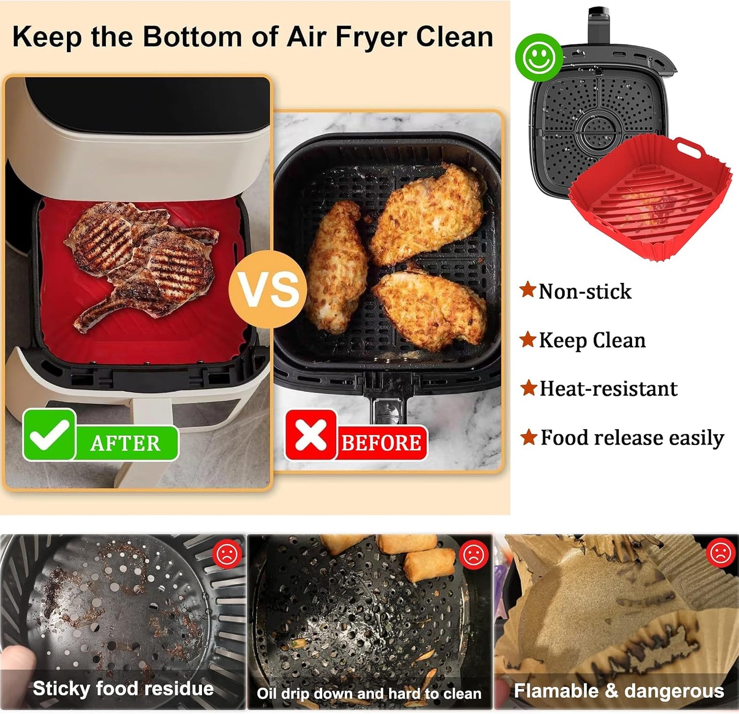 2Pcs Silicone Air Fryer Liners Reusable Square Thickened Airfryer Basket for 4 to 7 QT Baking Tray Accessories Kitchen Gadgets Replacement of Flammable Disposable Parchment Paper