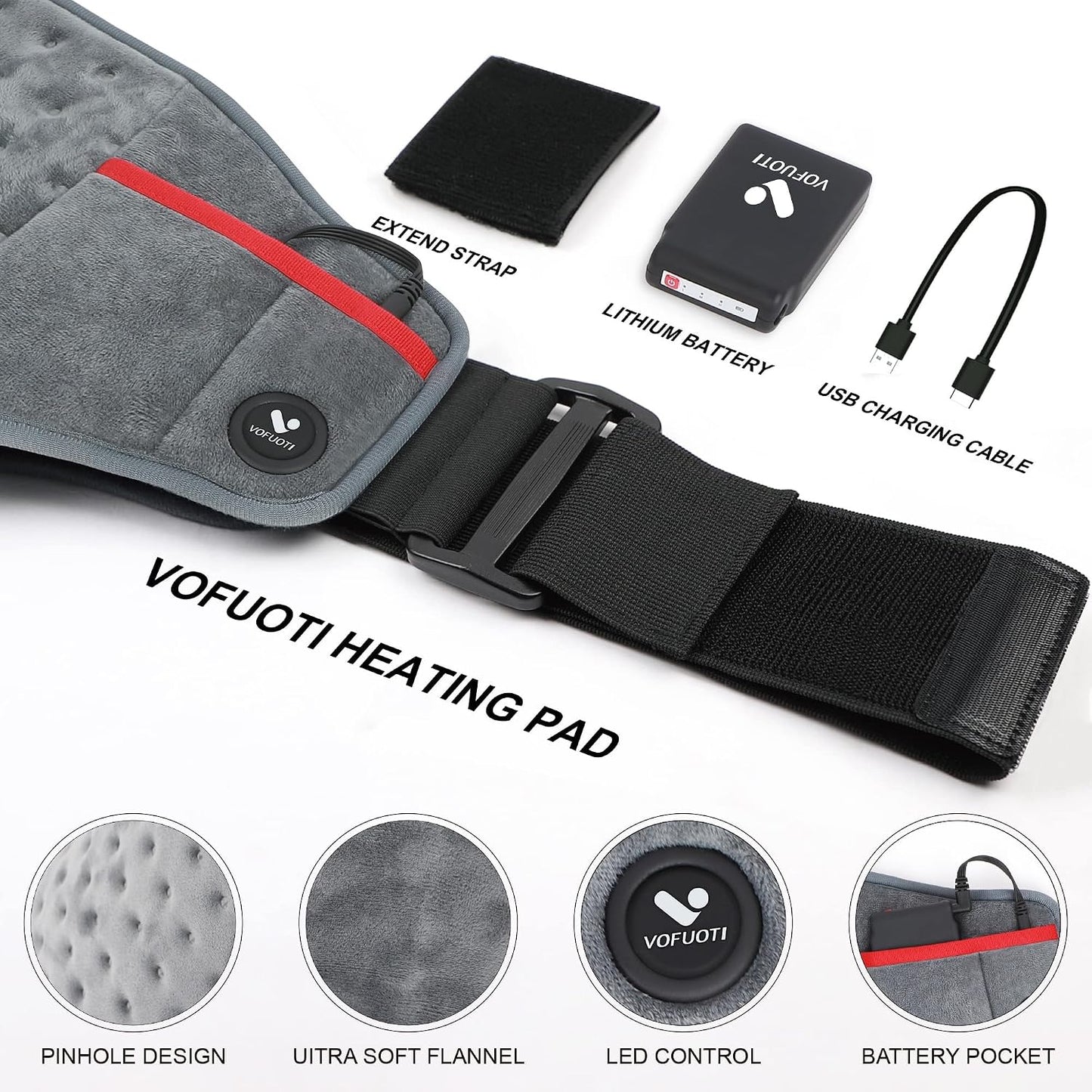 Vofuoti Portable Cordless Heating Pad with 10000mAh Battery | 3 Heat Settings, Rechargeable Electric Battery Operated Heat Pad for Back,Abdomen,Neck,Shoulders,Outdoor, Gift for Women Men