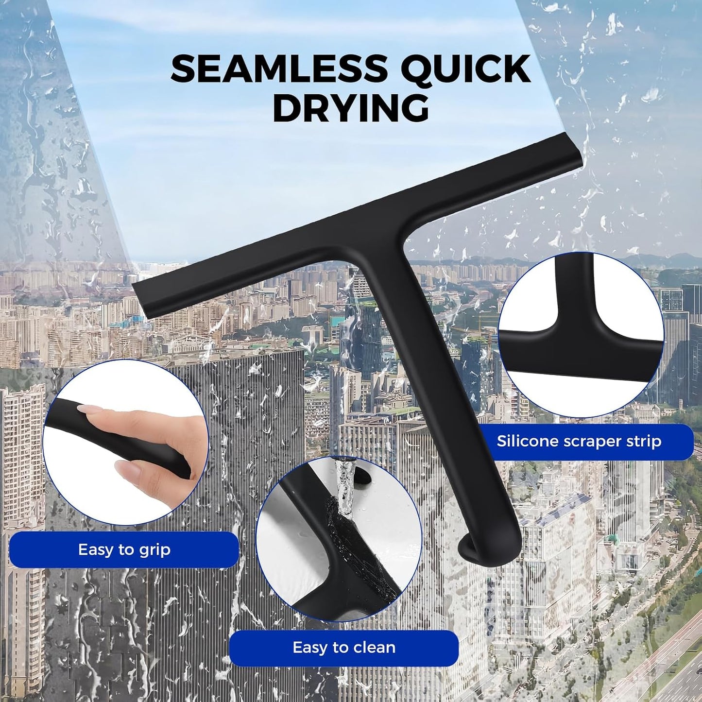 wlich 10" Shower Squeegee, Silicone Shower Wiper for Glass Doors, Black | One-Piece No-Drill Design, Flexible Silicone Squeegee for Window Cleaning, Streak-Free Cleaning Bathroom, Easy Installation