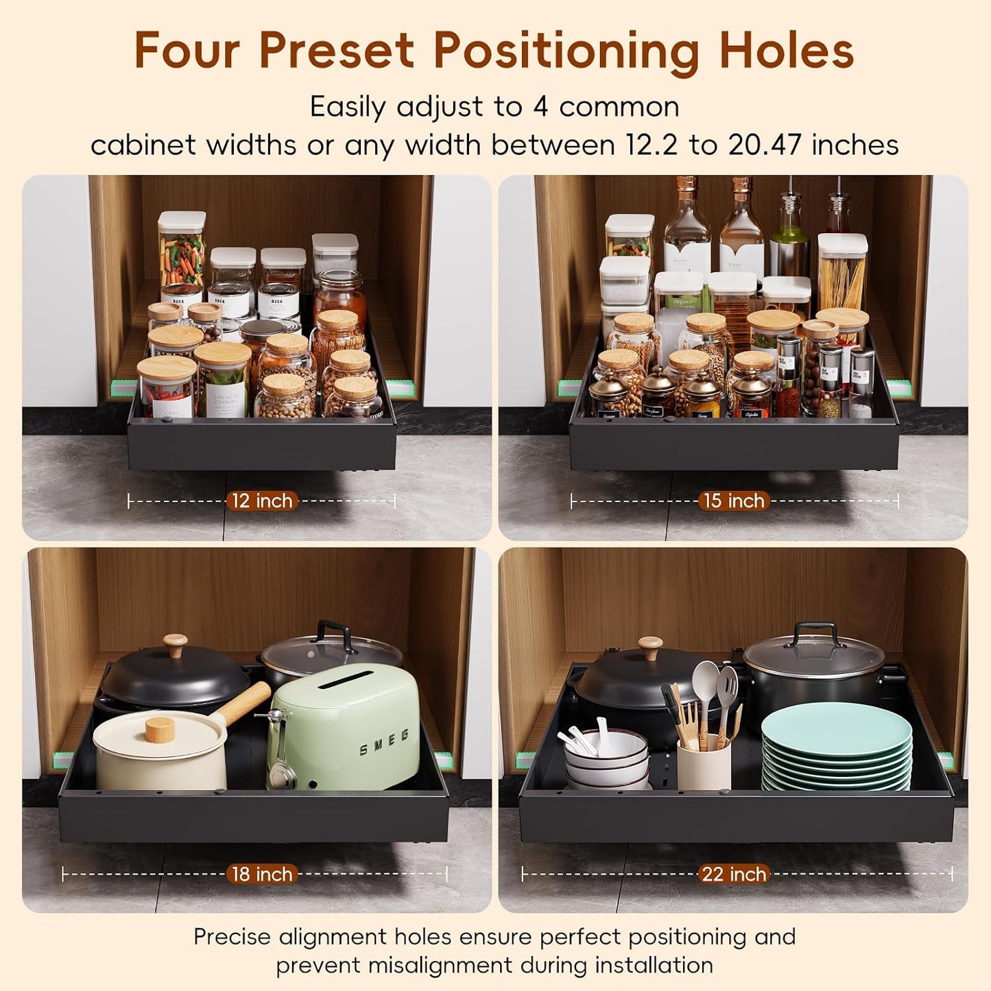Pull Out Cabinet Organizer, 21"Deep Slide Out Drawers for Kitchen Cabinets | Adjustable Width 12.05"-20.4", For Framed/Frameless cabinets, No Drill Adhesive, 3‑Rail Smooth Glide, Height-Raising Pads
