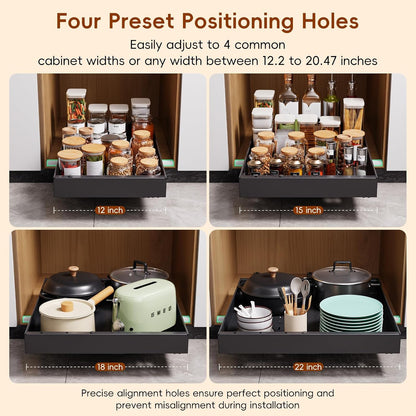 Pull Out Cabinet Organizer, 21"Deep Slide Out Drawers for Kitchen Cabinets | Adjustable Width 12.05"-20.4", For Framed/Frameless cabinets, No Drill Adhesive, 3‑Rail Smooth Glide, Height-Raising Pads