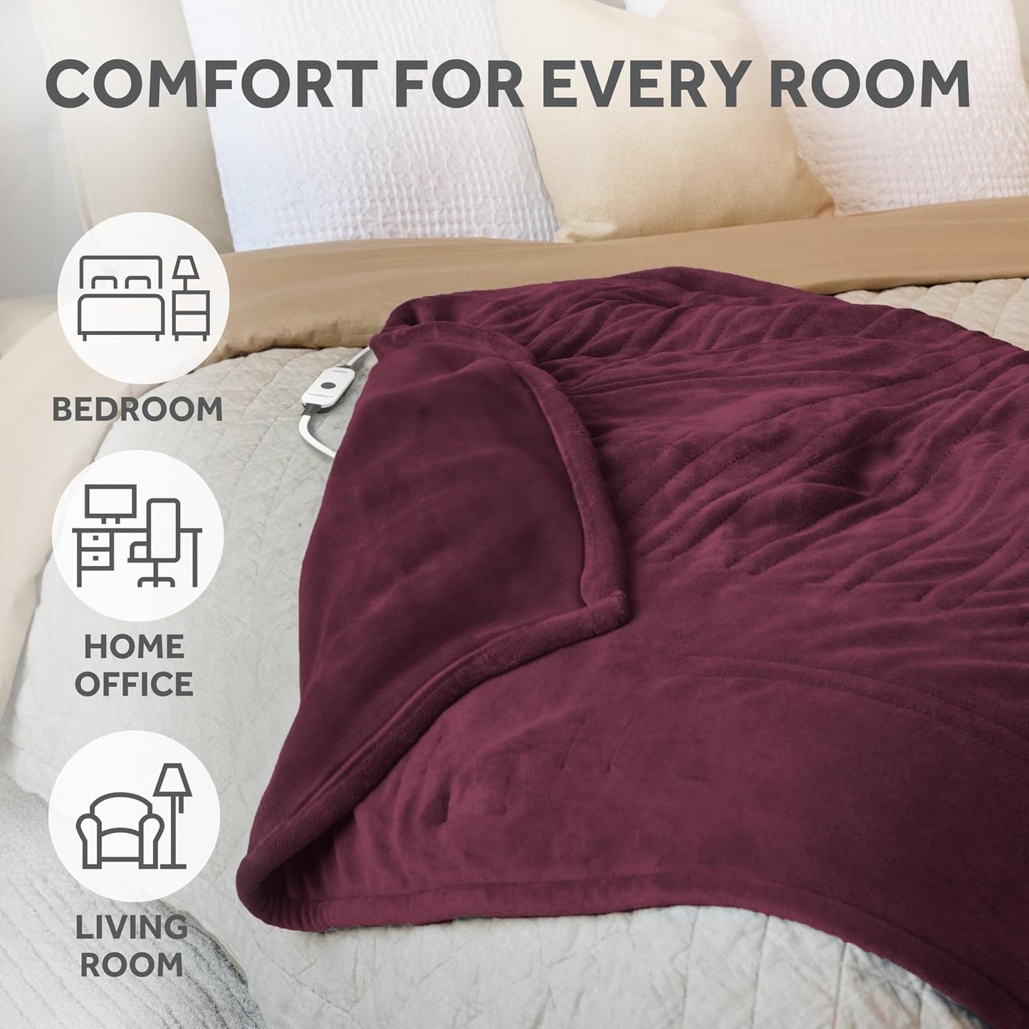 Sunbeam Electric Throw Royal Luxe Microplush Heated Blanket, 4 Heat Settings, 4-Hour Auto Shut-Off, Fast Heating, Warm and Cozy, Walnut Color, 50" x 60"