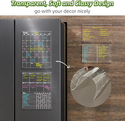 JJPRO Non-Magnetic Dry Erase Calendar for Fridge, Monthly Calendar, Weekly Planning Board Bundle for All Smooth Surfaces. Clear Reusable Calendar Stick to Fridge,Cabinet,Door&Glass