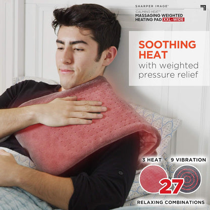 Calming Heat Massaging Vibrations Weighted Heating Pad by Sharper Image | Temperature Settings, Auto Shut-Off Feature, Gift for Holidays, Women & Men | 3 Heat, 6 Massage, 12” x 24”, 4 lbs