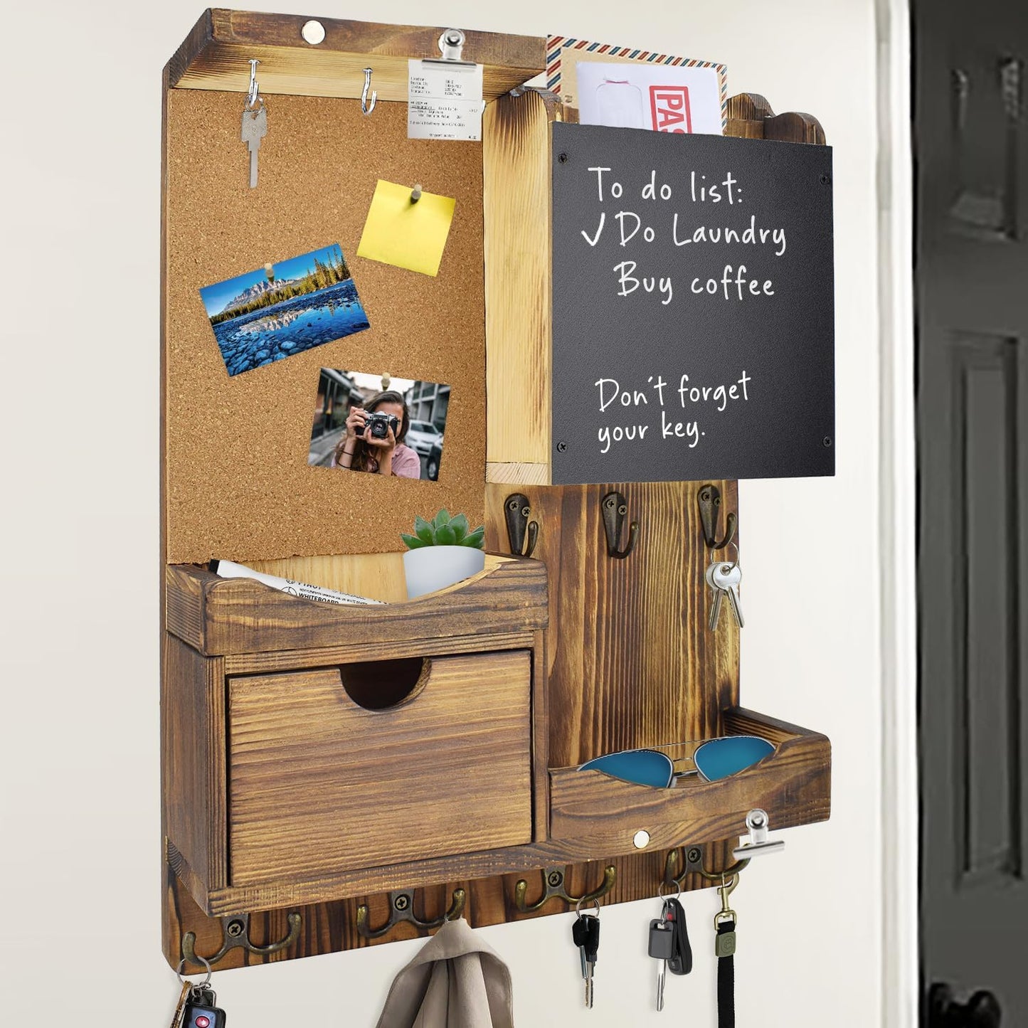 Key Holder for Wall Mount with Shelf and Mail Organizer, Key and Mail Holder with 16 Hooks, Farmhouse Entryway Organizer, Home Decor Rack (Pine Wood, White Washed)