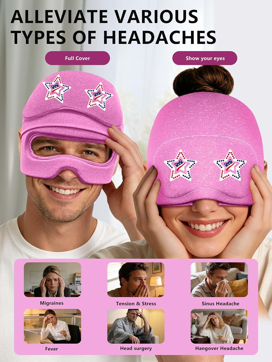 Migraine Relief Cap with Slide-Up Eye Mask, Headache Relief Ice Hat | Compression Head Face Ice Pack, Reusable Hot & Cold Gel Wrap for Hangover, Stress, Tension,Puffy Eyes, for Men Wemen Gift