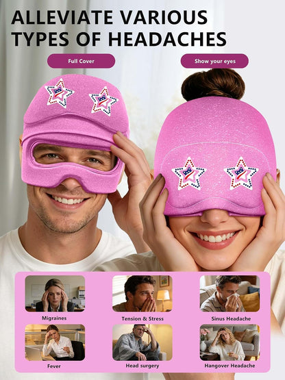 Migraine Relief Cap with Slide-Up Eye Mask, Headache Relief Ice Hat | Compression Head Face Ice Pack, Reusable Hot & Cold Gel Wrap for Hangover, Stress, Tension,Puffy Eyes, for Men Wemen Gift