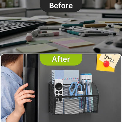 YINGHUA 3 Compartment Magnetic Metal Mesh Pen Holder, Black Desk Caddy | Perfect magnetic organizer for locker, whiteboard, refrigerator, or office. Easily holds pens and accessories