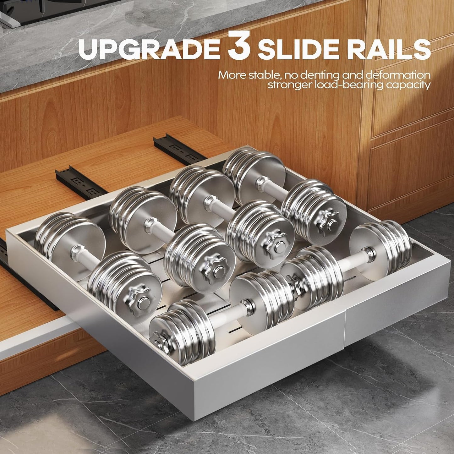 Seinloes 2Pack Expandable Pull Out Cabinet Organizer 21"Deep With Raising Pad for Framed Cabinets, Upgrade 3 Slide Rails Slide Out Drawers, Roll Out Shelves Adhesive,Adjustable Width 12.05"-20.4"White