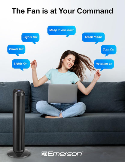 Emerson SmartVoice 40” Tower Fan, Wi-Fi-free Voice Control Fan, Hands-Free Cooling, No WiFi, No App, 70° Oscillation, 3 Speeds, 15-Hr Timer, Sleep Mode & Remote Control