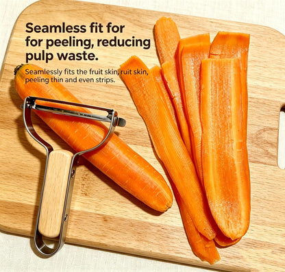 Large Y Veg Peeler, Wide Serrated Stainless Steel Blade Wood Handle | Practical cabbage peeler with built-in potato eye remover, lightweight compact kitchen tool. Ideal gift for home cooking