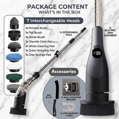 LIVINGPRO Electric Spin Scrubber for Bathroom Cleaning, Cordless Power Scrubber with 70W Dual Speed Motor, LCD Display, IPX7 Waterproof, Adjustable Handle, 7 Brush Heads for Tub Tile Shower Kitchen