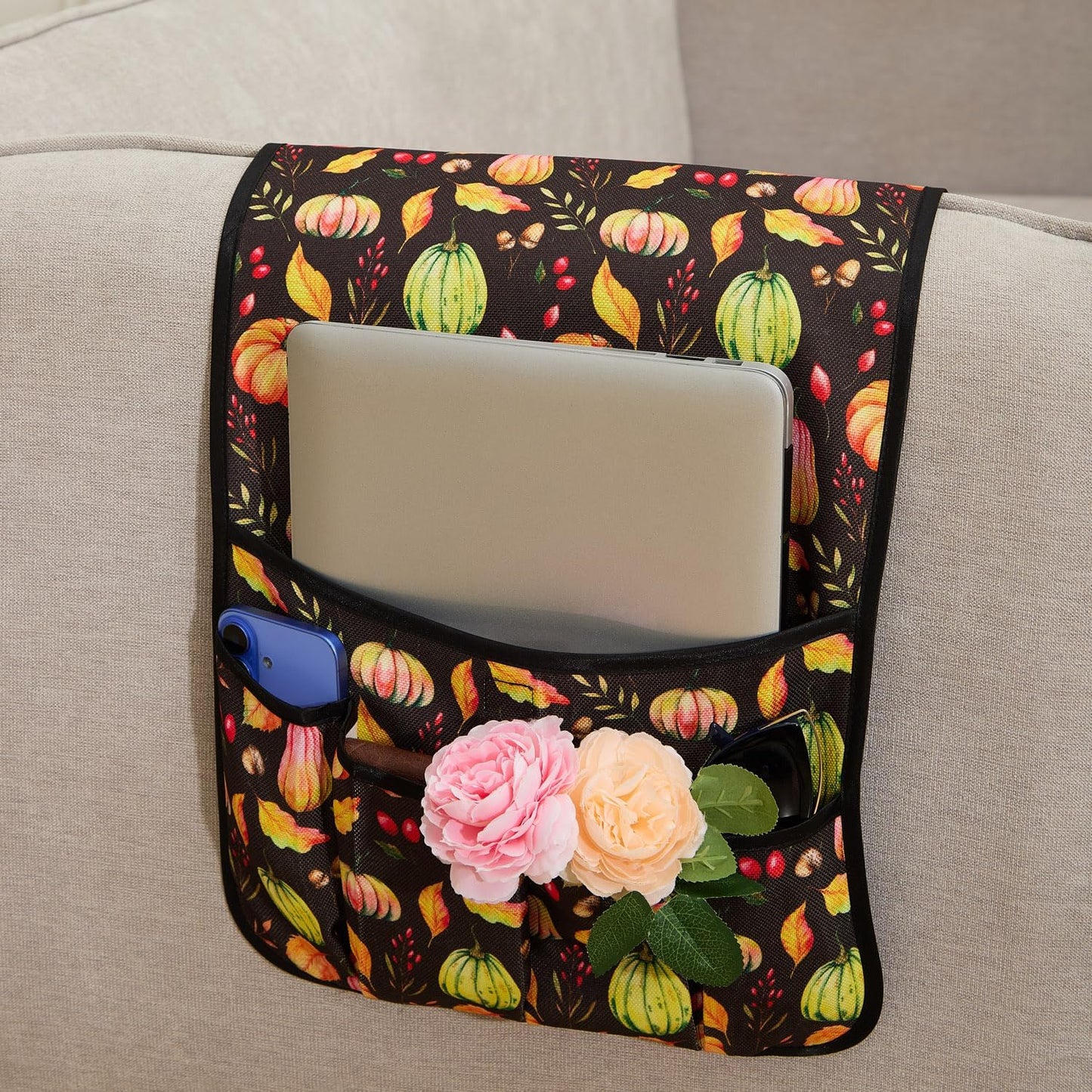 Sofa Armrest Organizer Non-Slip Arm Chair Hanging Caddy Remote Control Holder for Magazine, Phone, Books, Glasses(Black,13in)