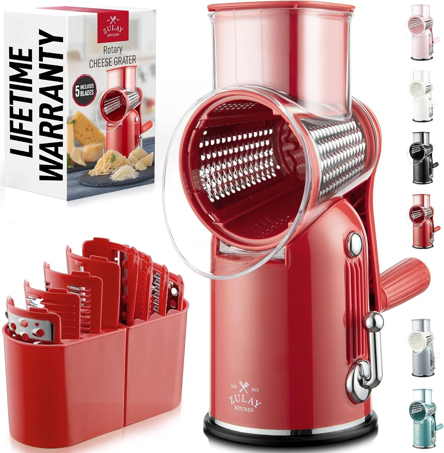 Zulay Kitchen Rotary Cheese Grater 5 Blade Cheese Shredder - Manual Hand Crank Cheese Grater With Reinforced Suction & 5 Interchangeable Drums - Easy to Use, Vegetable Chopper Round Mandoline Slicer - Colors B