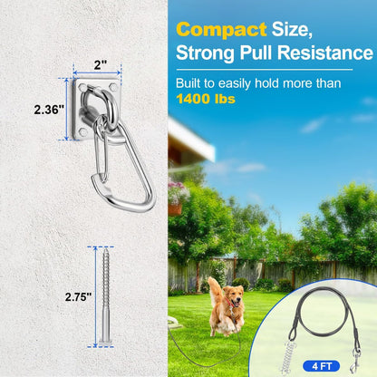 Dog Leash Holder for Wall with Tie Out Cable, 304 Stainless Steel Heavy Duty Hook with Anti-Escape Design, Indoor & Outdoor Pet Leash Anchor for Small and Medium-Sized Dogs, 1 Pack
