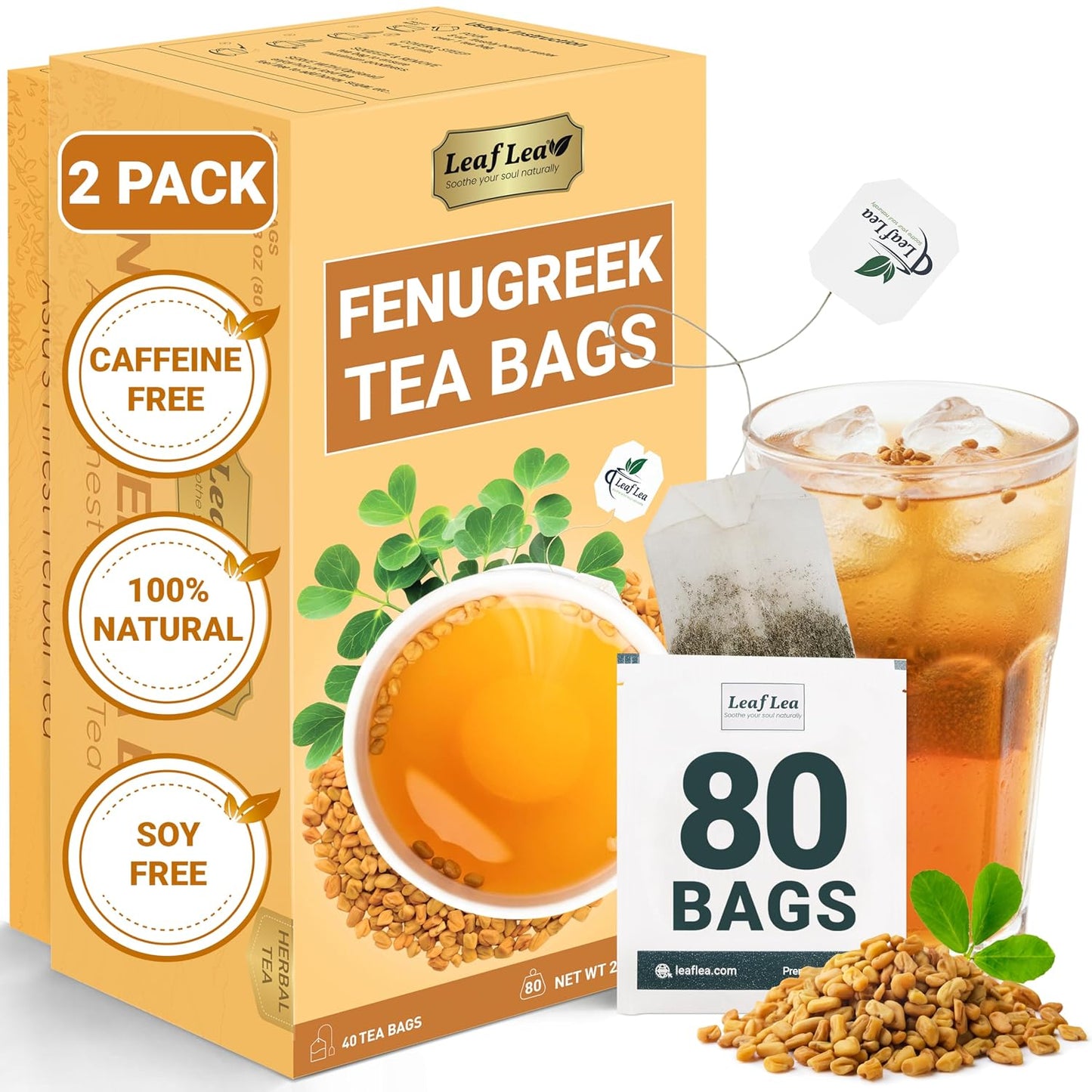 LeafLea 40 Turmeric Ginger Cinnamon Tea Bags, 100% Natural Ingredients Herbal Tea, Turmeric Ginger Herbal Blend for Wellness, Vegan, No Sugar, Caffeine-Free, Individually Wrapped for Freshness