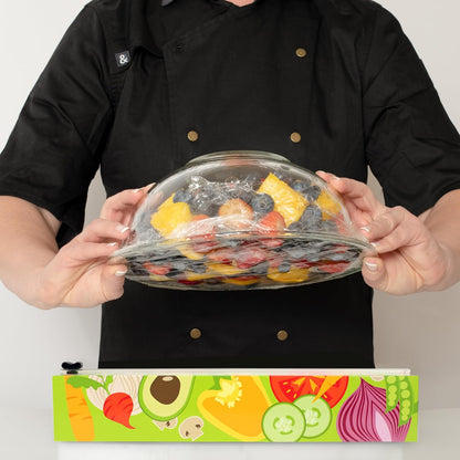 Chicwrap Veggies Refillable Plastic Wrap Dispenser - Includes One 12" x 250' Roll of Professional Grade Plastic Wrap - BPA Free and Kosher Certified - Reusable Dispenser w/Slide Cutter | Reusable Plastic Wrap Dispenser with Four Non-Slip Rubber Feet and