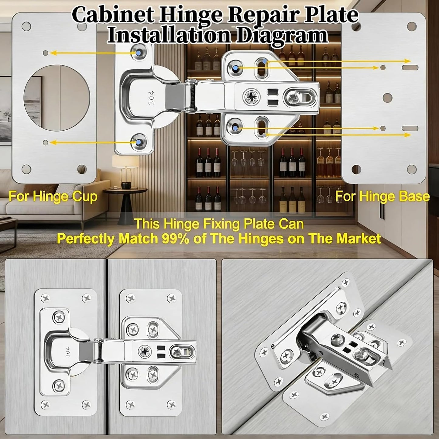 Cabinet Hinge Repair Plate, Hinges Repair Fixing Plate Cabinet Repair Board | 6 Pcs Stainless Steel Hinge Repair Brackets Kit,Kitchen Cupboard Door Hinge Repair Plate Kit with Screws Small Universal