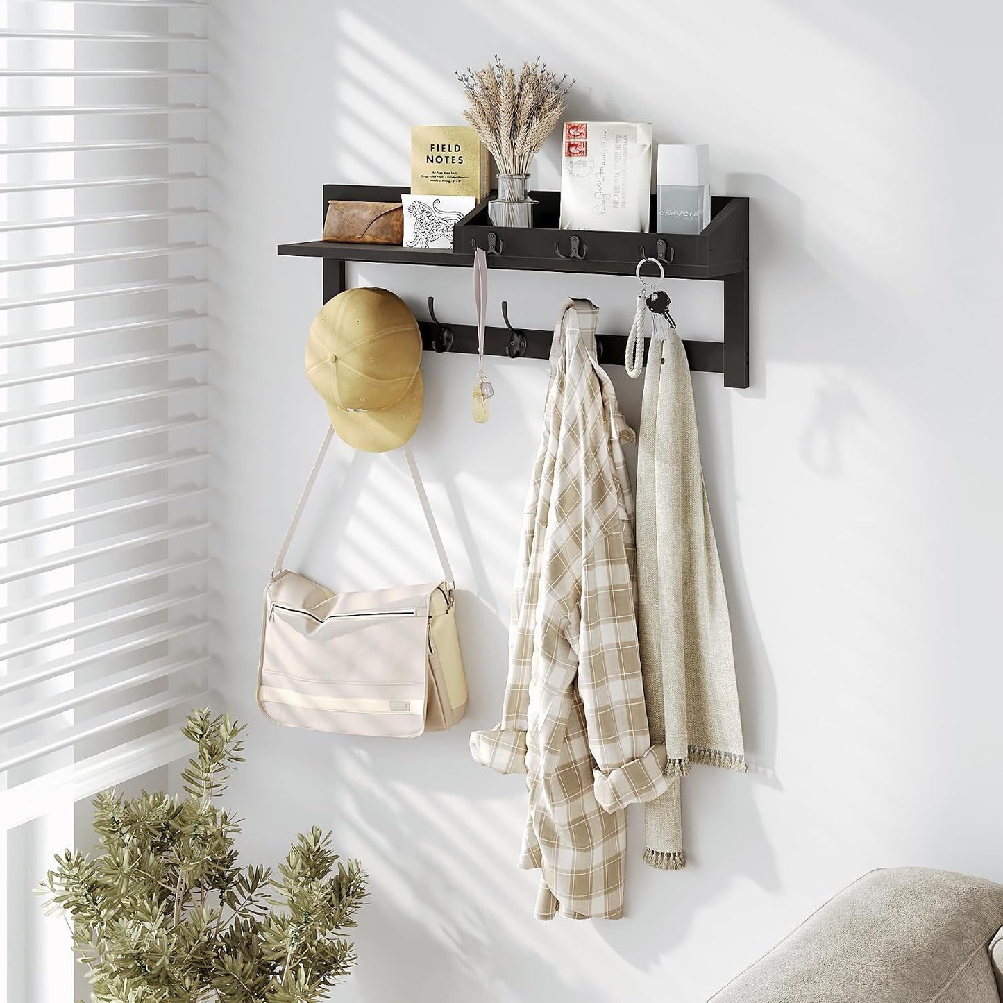 AMBIRD Wall Hooks with Shelf, 26.57 Inch Entryway Wood Coat Hooks for Wall with Shelf, Coat Rack Wall Mount with 5 Dual Hooks 3 Key Hooks Mail Organizer and Key Rack Holder (Brown)