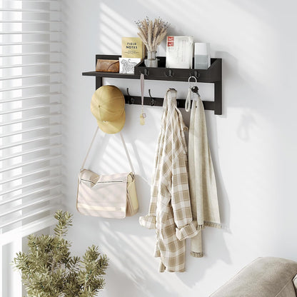 AMBIRD Wall Hooks with Shelf, 26.57 Inch Entryway Wood Coat Hooks for Wall with Shelf, Coat Rack Wall Mount with 5 Dual Hooks 3 Key Hooks Mail Organizer and Key Rack Holder (Brown)