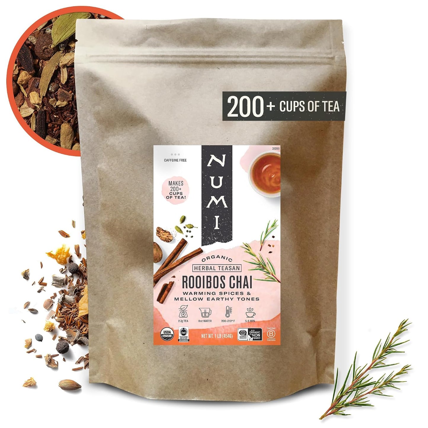 Numi Organic Rooibos Chai Tea, 18 Herbal Bags, Microplastic Free, Rich Flavor with Cinnamon, Allspice & Ginger, Caffeine Free